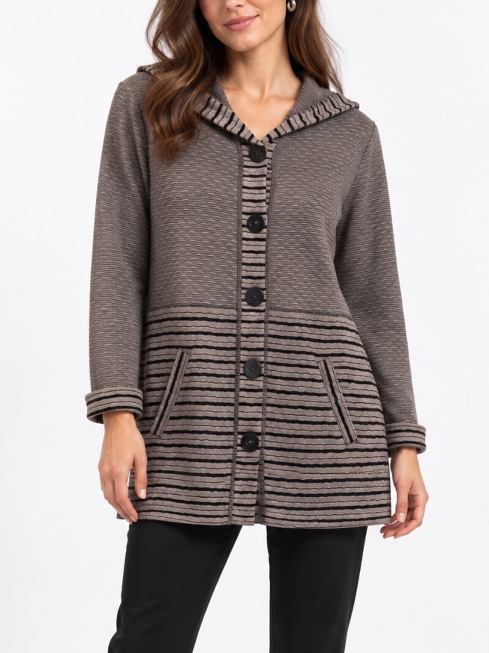 Habitat Andes Stripe Hooded Cardigan Taupe Black Textured Pockets Small Like New